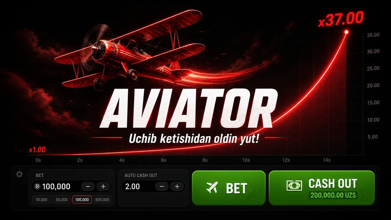 Aviator crash game ekrani — samolyot va koeffitsient ko'rsatkichi